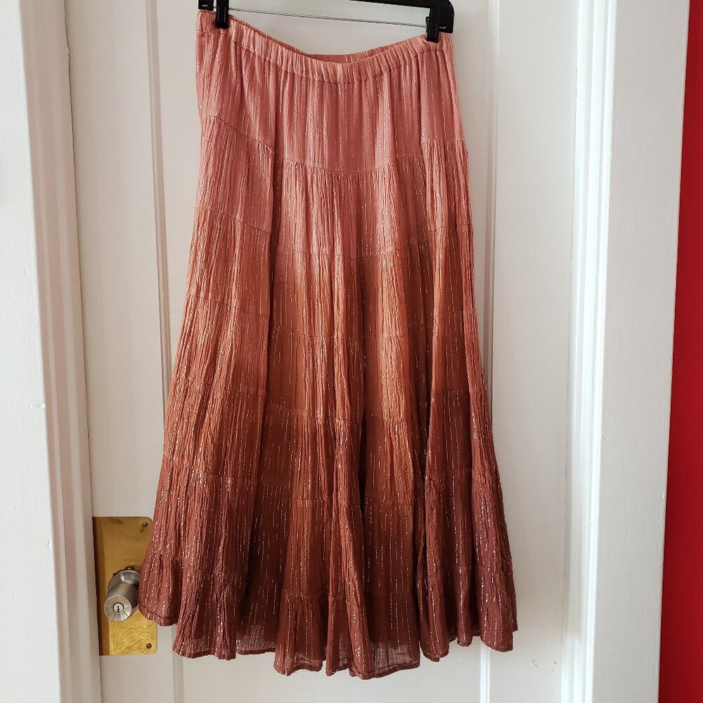 Forever 21 Metallic Shimmer Tiered Maxi Skirt Burnt Orange Gradient Boho M